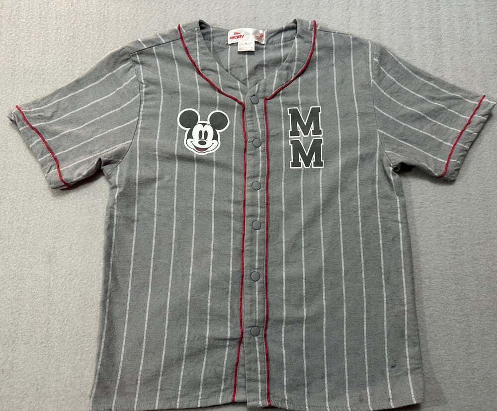 Disney Junior Mickey Mouse Gray Pinstripe Baseball Jersey Size 6 in grey and whi